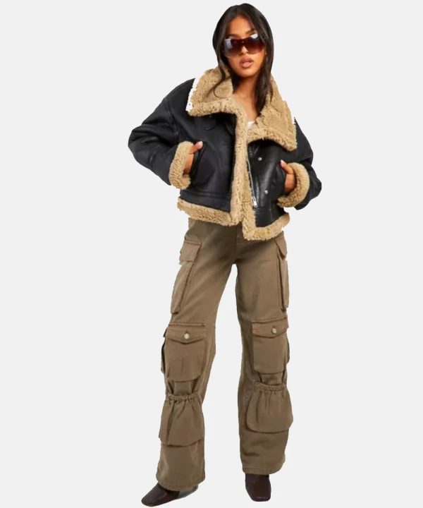 WomensPetiteTeddyTrimAviatorBrownShearlingLeatherJacket
