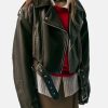ZaraLeatherEffectOversized Brown CroppedLeatherBikerJacket
