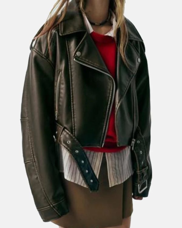 ZaraLeatherEffectOversized Brown CroppedLeatherBikerJacket