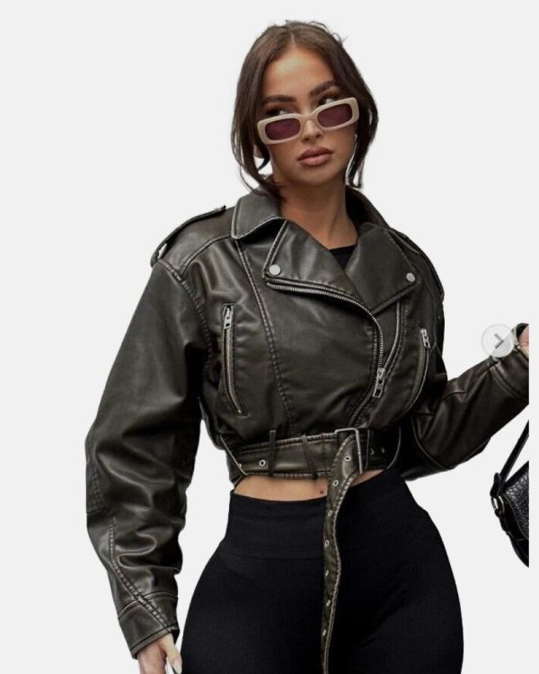 Zara Molly Mae Khaki Charcoal Crop Oversized Belted Leather Jacket For Women