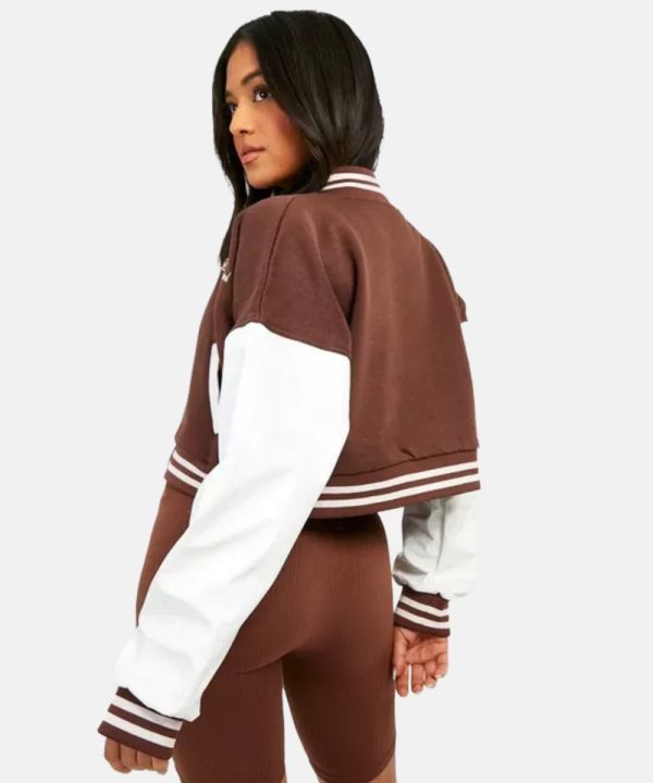 Female Petite Contrast Sleeve Leather Badge Crop Varsity Jacket