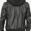 mensGreyLeatherBomberJacketRemovableHood