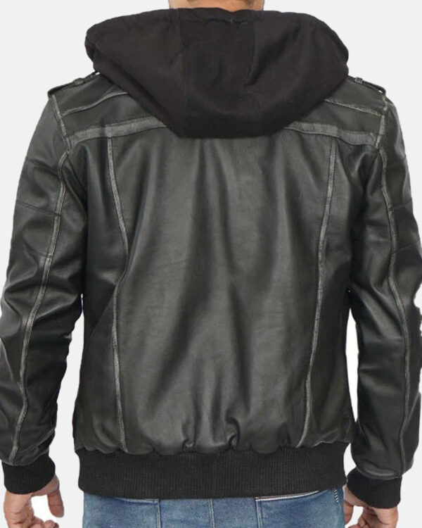 mensGreyLeatherBomberJacketRemovableHood