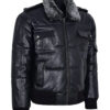 Men Black Bomber Fur Collar Leather Jacket