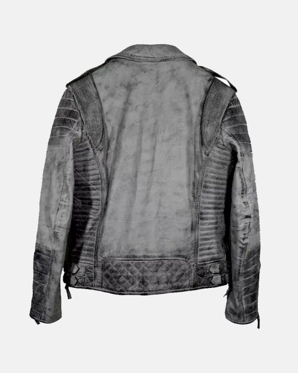 Smoke Biker Grey Quilted Weathered Leather Motorcycle Jacket