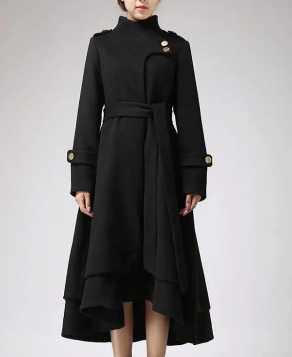 womensAsymmetricalHemBlackSwingWoolLongCoat