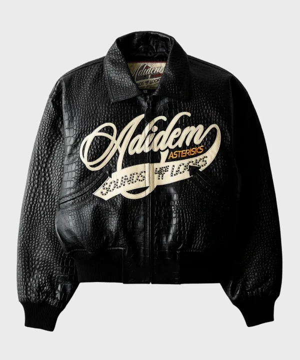 Adidem Asterisks Crocodile Cursive Leather Bomber Jacket Black