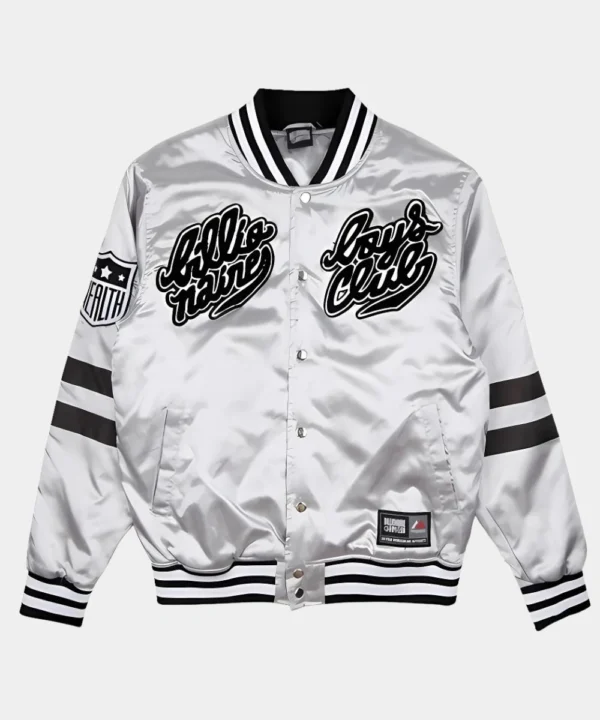 BBC x Majestic Eva Stadium Silver Satin Bomber Jacket