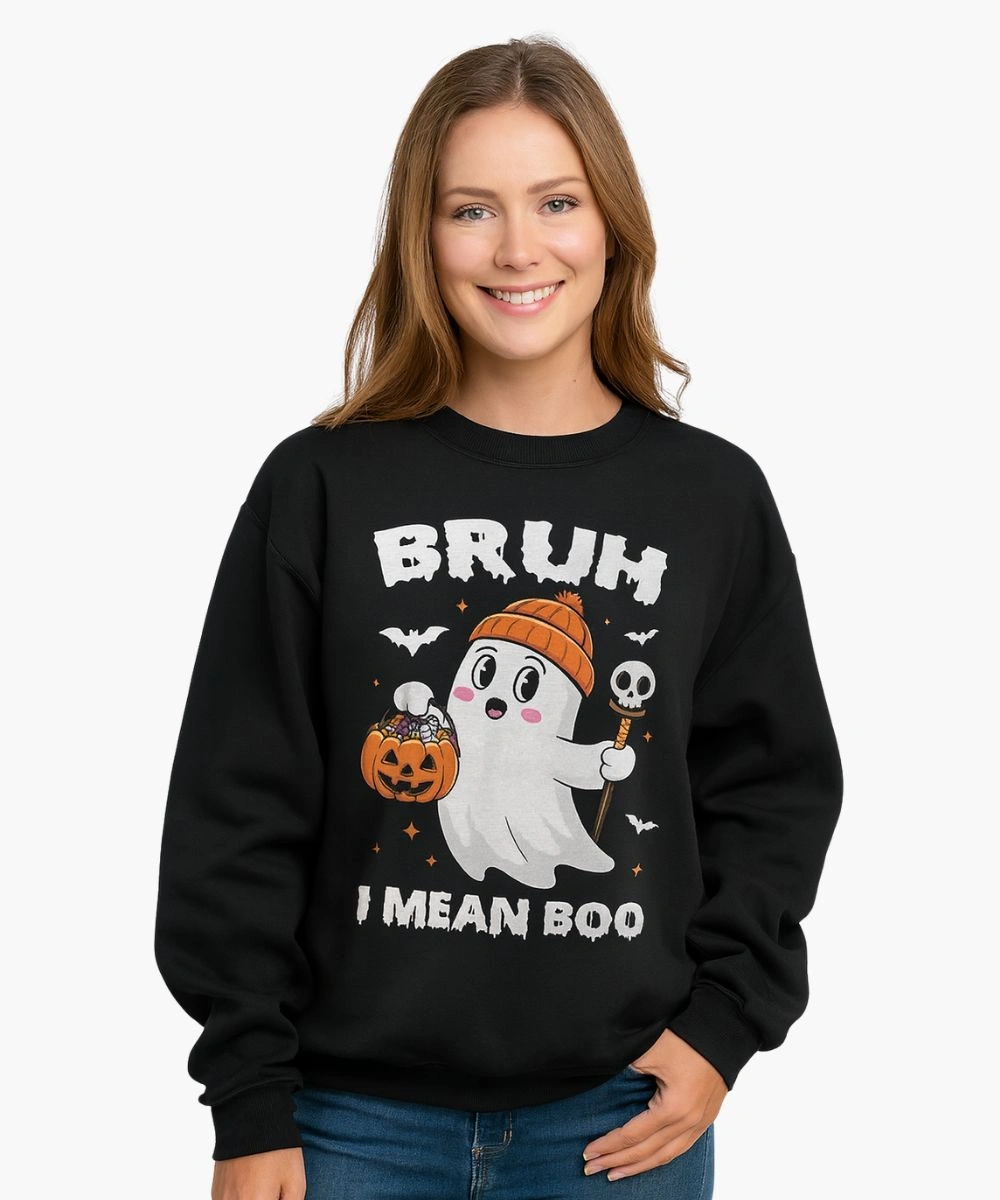 Bruh I Mean Boo Ghost Pumpkin Black Printed Sweatshirt Womens