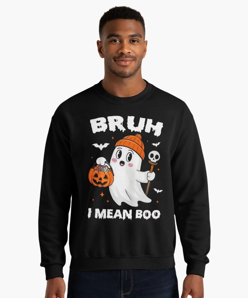 Bruh I Mean Boo Ghost Pumpkin Spooky Halloween Printed Black Sweatshirt Mens
