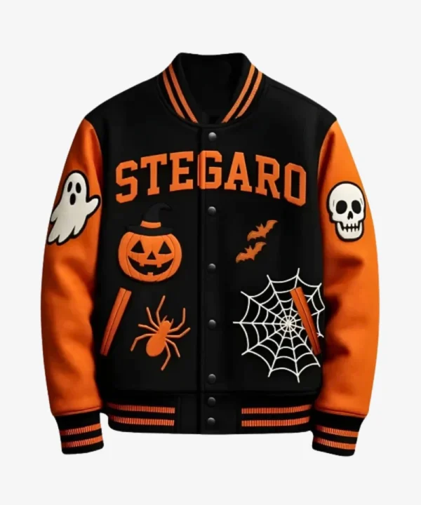 Halloween Pumpkin Varsity Bomber Jacket Black And Orange