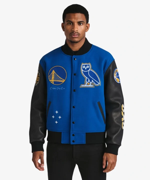 Mens OVO x NBA Royal Golden State Warriors Varsity Jacket Blue And Black