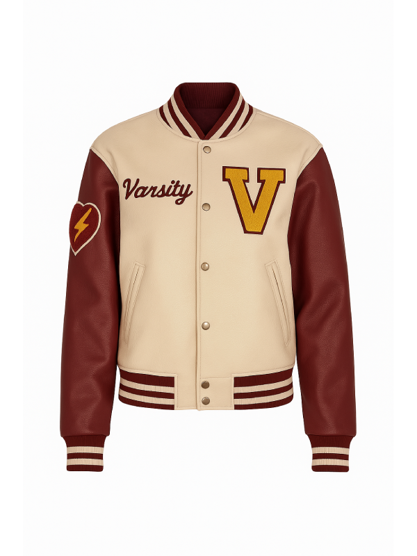 Unisex Beige V Patch Wool Varsity Leather Jacket
