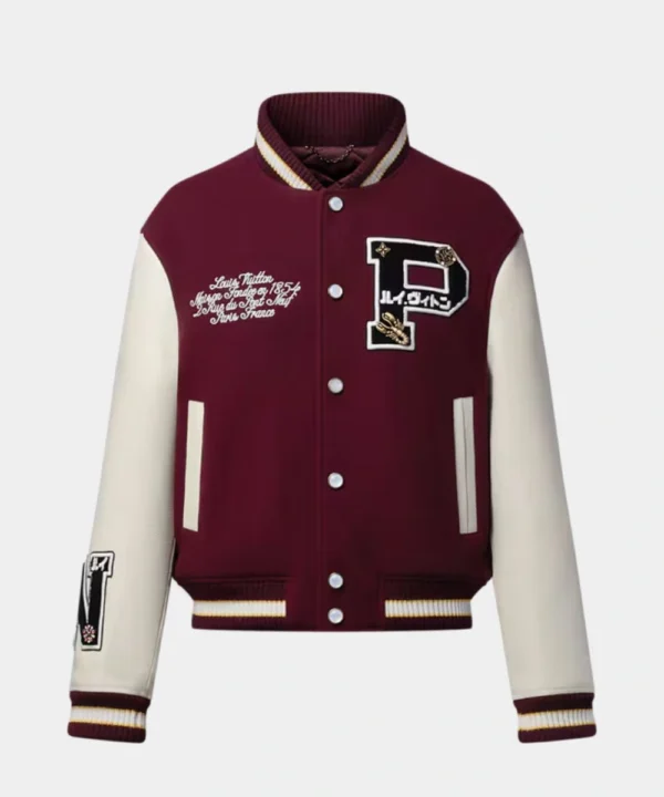 Unisex Louis Vuitton Epi Varsity Leather Bomber Jacket In Burgundy And White
