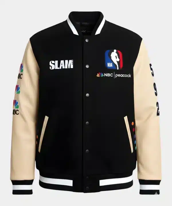 American Comedian And Actress Tiffany Haddish NYC 2025 NBA on NBC Wool & Leather Varsity Jacket Black & Cream