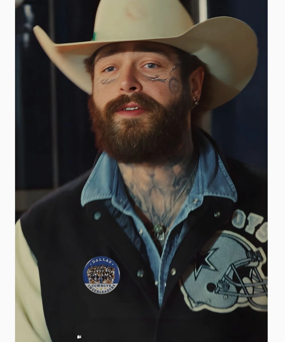 American Singer And Rapper Post Malone 2025 Thanksgiving Salvation Army Red Kettle Kickoff Dallas Cowboys Varsity Bomber Jacket Navy & Cream