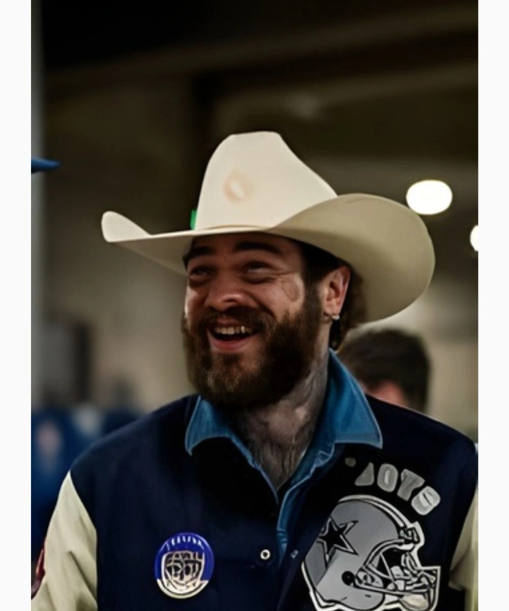 American Singer And Rapper Post Malone 2025 Thanksgiving Salvation Army Red Kettle Kickoff Dallas Cowboys Varsity Bomber Jacket