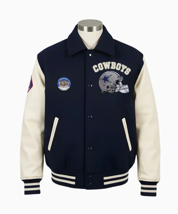 American Singer And Rapper Post Malone 2025 Thanksgiving Salvation Army Red Kettle Kickoff Dallas Cowboys Varsity Jacket Navy & Cream