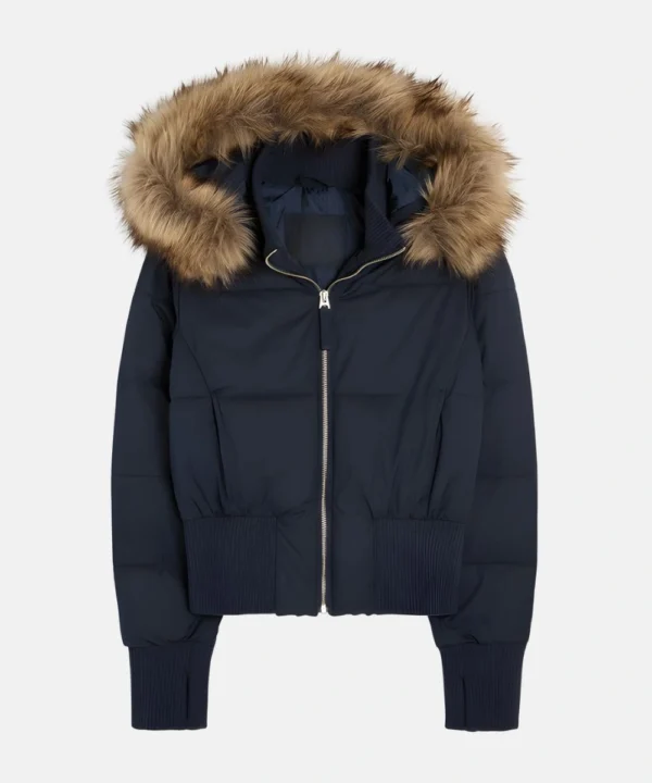 Hollister Women's Faux Fur Trim Puffer Bomber Jacket Navy Blue