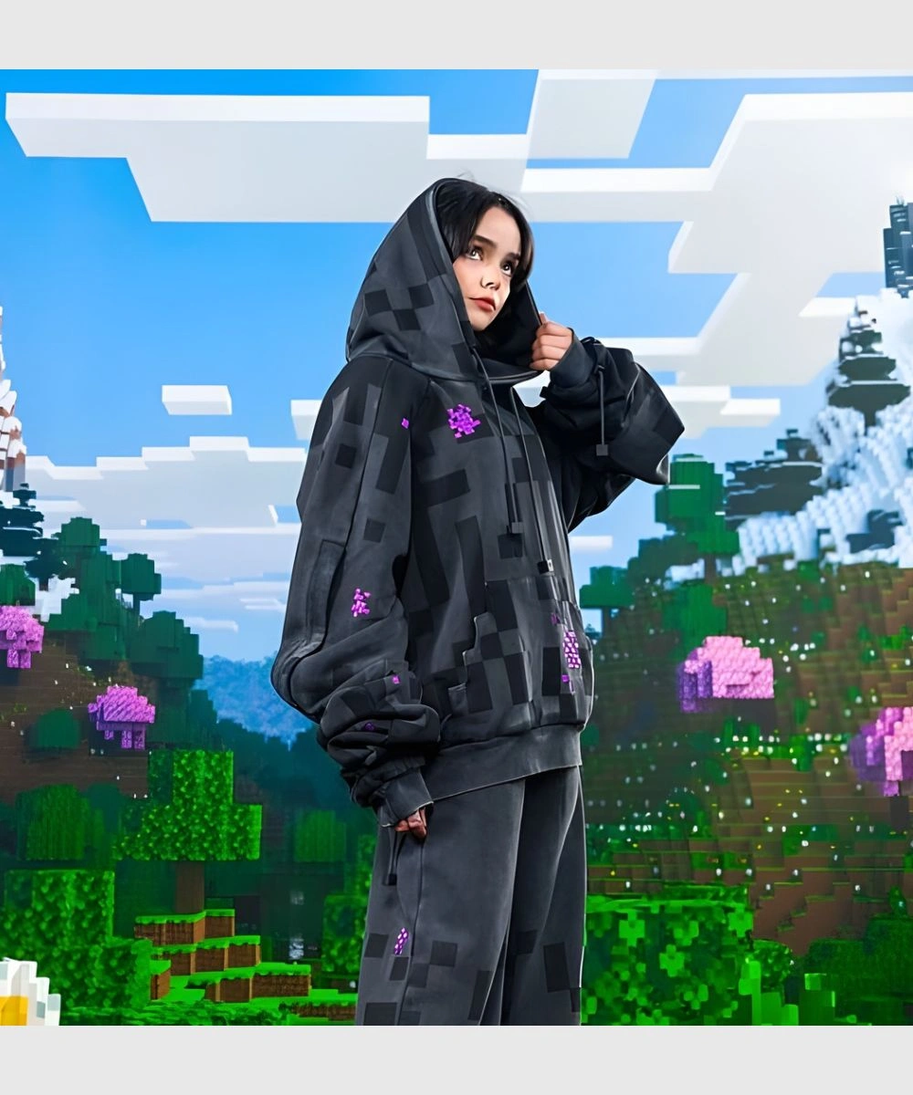 Very Cool x Minecraft Merch The Enderman Extra Long Sleeves Black Fleece Pullover Hoodie