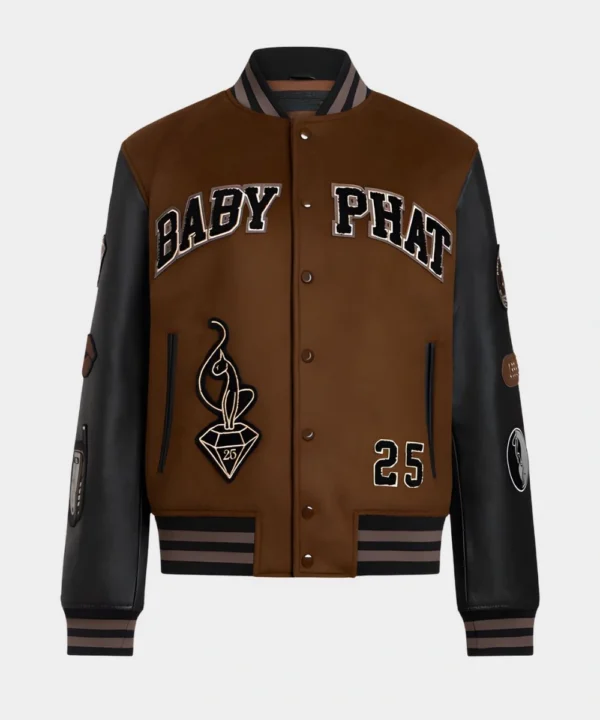 Women's Baby Phat Letterman Varsity Bomber Jacket Brown