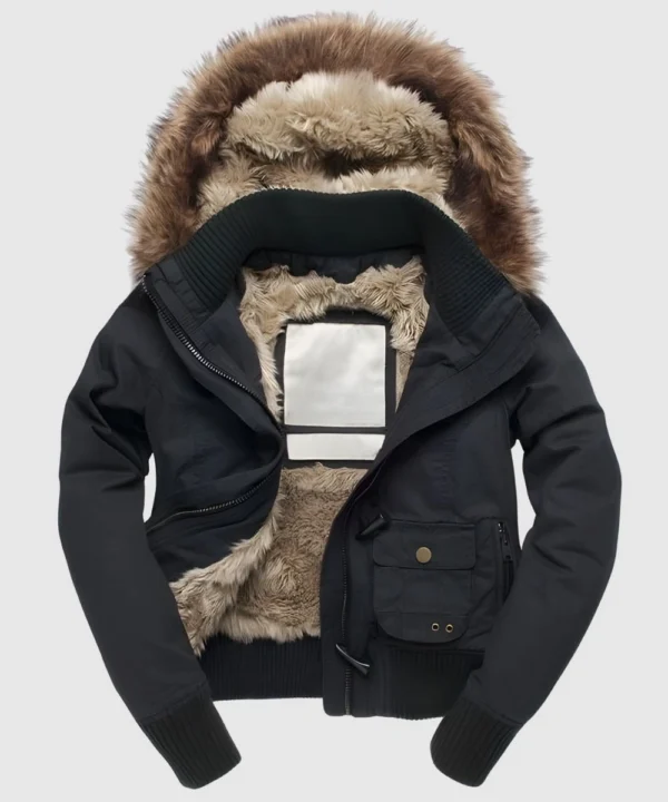 Women’s Superdry Study Duffle Black Fur Hooded Jacket