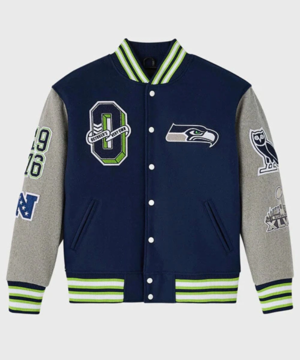 2025 October's Very Own x NFL Seattle Seahawks Varsity Bomber Jacket Navy Blue & Grey