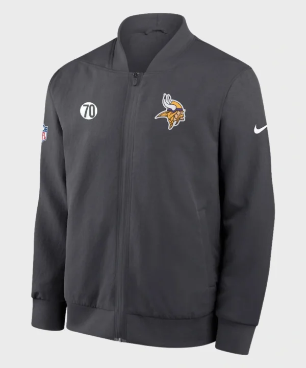 American Football Coach Kevin O’Connell 2025 Minnesota Vikings Nike Sideline Black Bomber Jacket