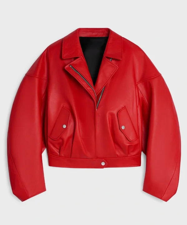 Barbadian Singer Rihanna Los Angeles Grove 2025 Oversized Red Leather Jacket