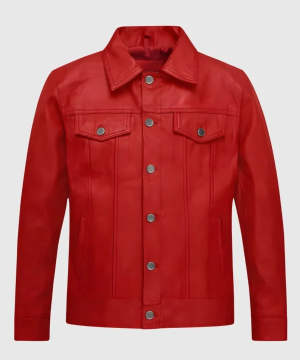 Men's Valentine Day Red Trucker Leather Jacket