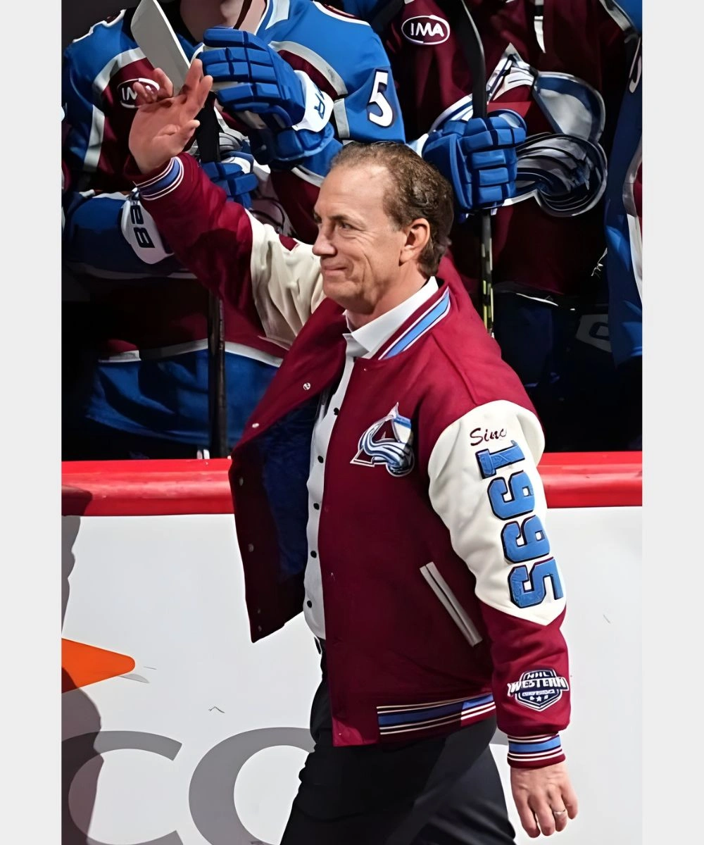Swedish Hockey Player Peter Forsberg Colorado Avalanche 30th Anniversary Celebration Varsity Bomber Jacket Maroon And Cream