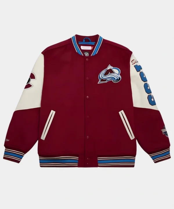 Swedish Hockey Player Peter Forsberg Colorado Avalanche 30th Anniversary Celebration Wool Varsity Bomber Jacket Maroon And Cream