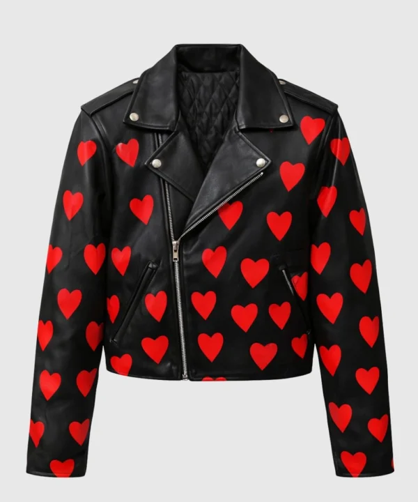 Valentine Day Special Heart-Printed Black Leather Jacket