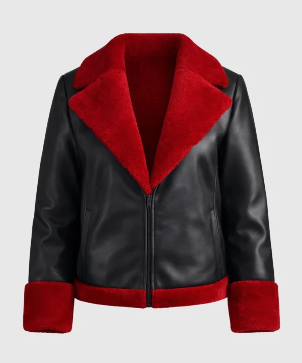 Women's Valentine Day Aviator Red & Black Shearling Leather Jacket