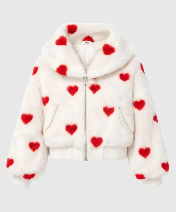 Women's Valentine Day Special Red Heart Printed Fur Fleece White Cropped Jacket