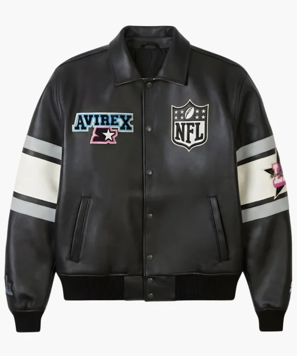 Avirex x Starter Super Bowl LX Black Leather Bomber Jacket