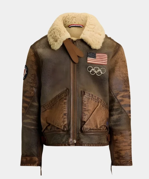 Men's Polo Ralph Lauren Team USA 2026 Winter Olympics Brown Shearling Leather Flight Jacket