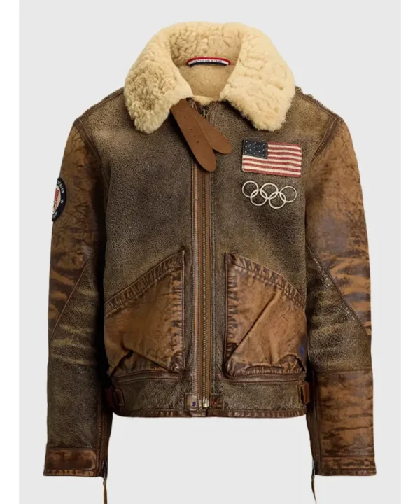 Olympics 2026 Team USA Brown Leather Jacket