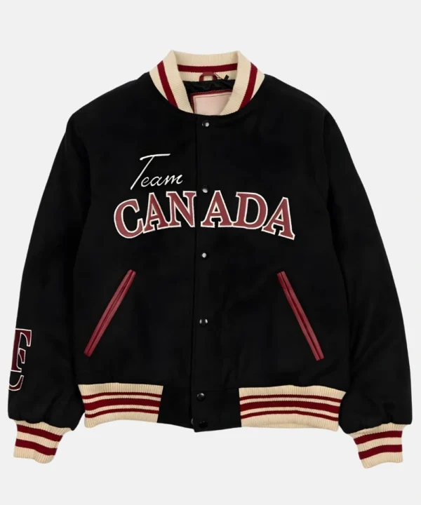 SCA x HOCKEY CANADA 2026 Leaf & Legacy Black Wool Varsity Bomber Jacket For Men's