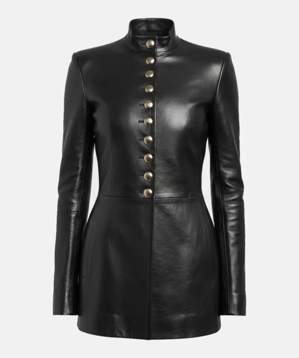 Sophie Turner Attends the Steal Special Screening At Bafta in London Leather Coat Black