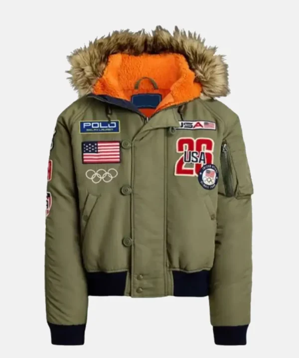 Team USA Green Bomber Fur Jacket