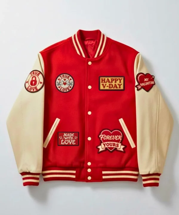 Valentine Day Couples Date Night Varsity Jacket Red & Cream