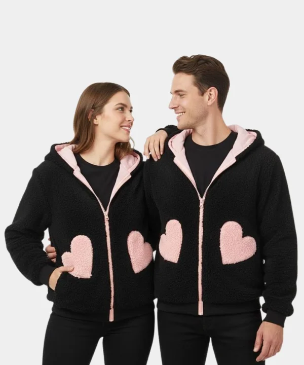 Valentine Day Special Couples Matching Pack Of 2 Black & Pink Wool Zipper Jacket