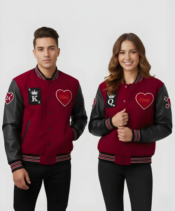 Valentine’s Day Special Pack of 2 Date Night Couples Red & Black Varsity Bomber Jacket