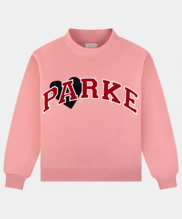 Women's Valentine’s 2026 Parke Jean Heart Varsity Mockneck Fleece Pullover Sweatshirt Pink