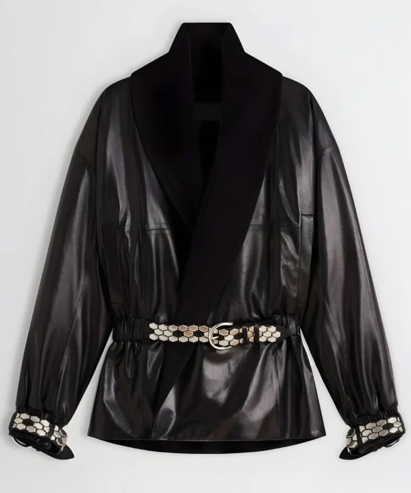 American Singer Mariah Carey 2026 Phoebe Philo Black Stud Leather Jacket