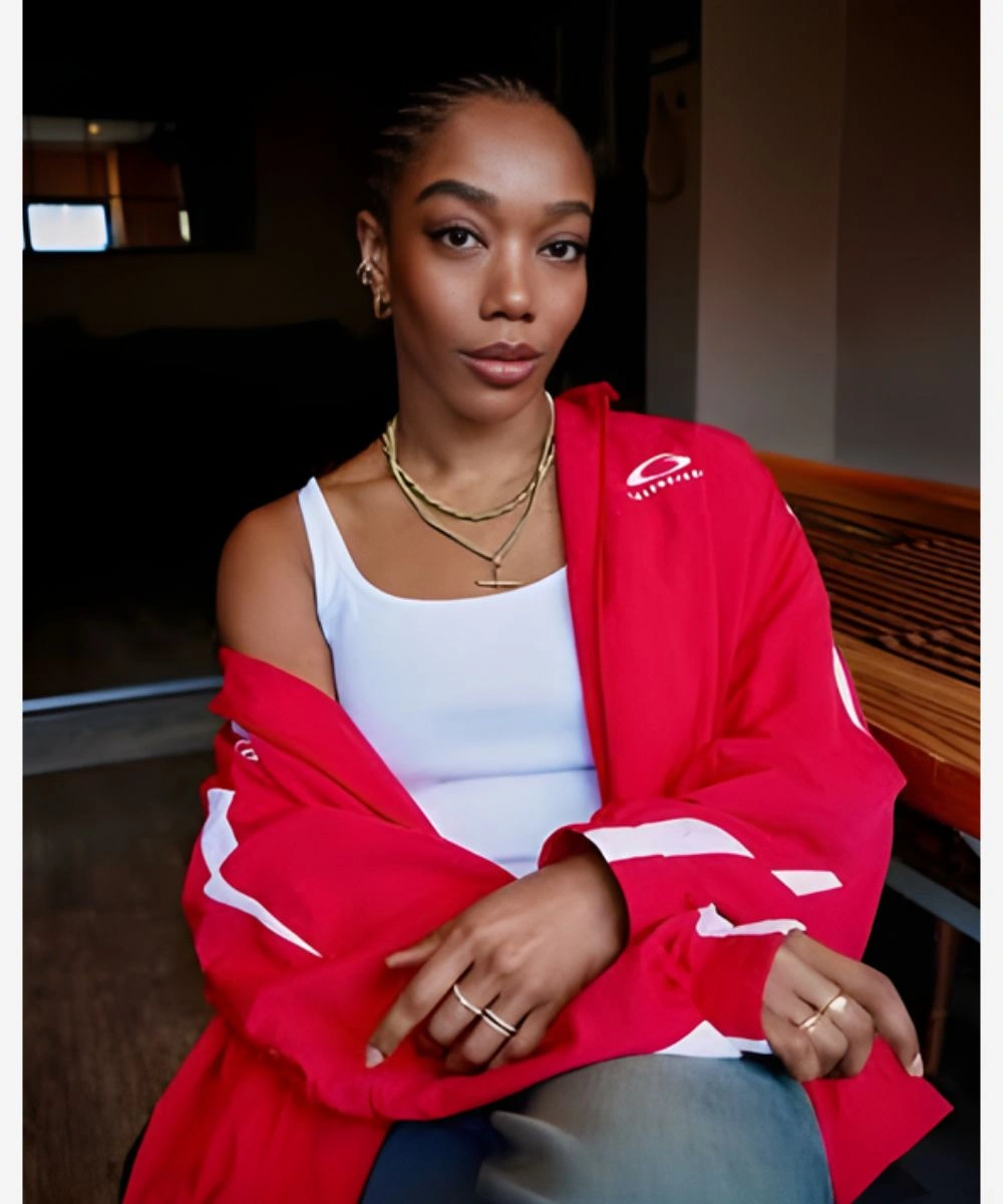 British Actress Naomi Ackie NBA All Star London Game 2026 Red Jacket