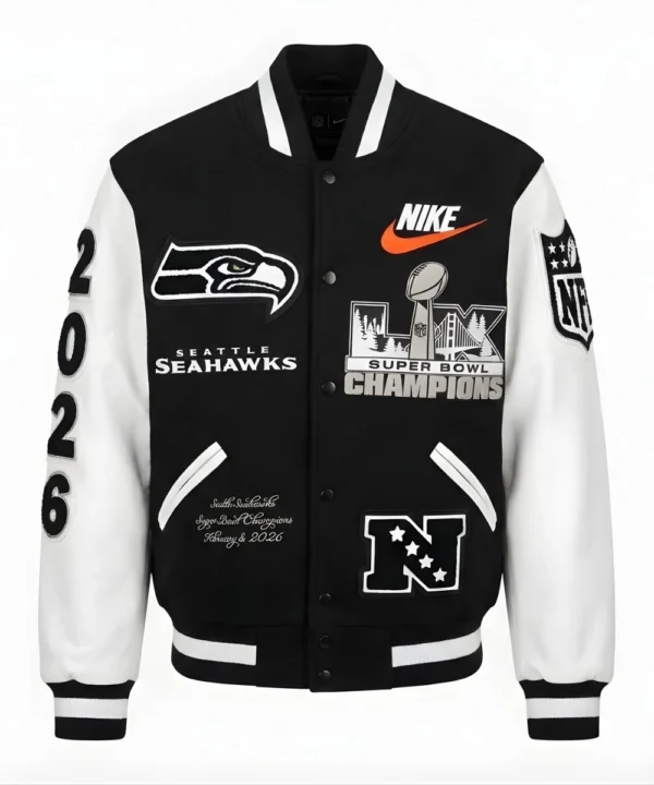 Men's 2026 Seattle Seahawks Nike Super Bowl LX Champions Full-Snap Destroyer Jacket Black & White