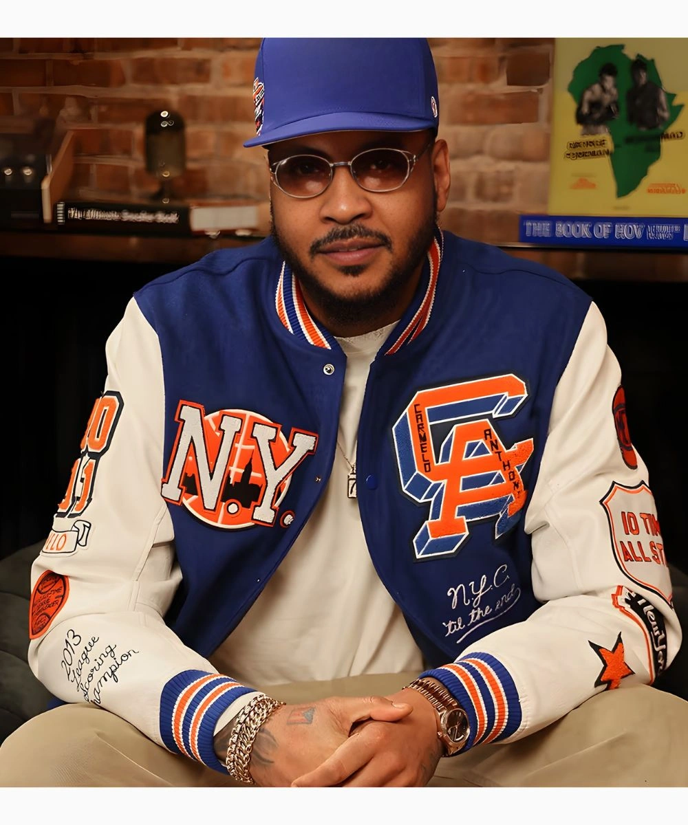 New York City 2026 Carmelo Letterman Varsity Bomber Jacket Blue & White