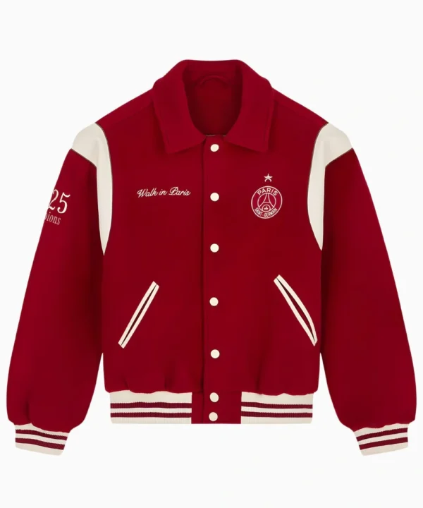 PSG x Walk in Paris Teddy Maroon & Cream Varsity Jacket